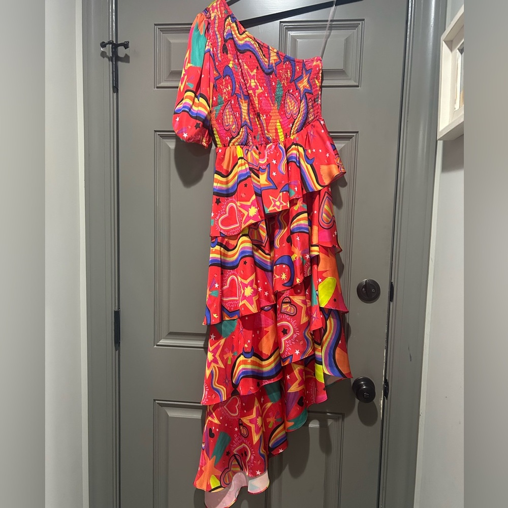 Alden Adair Vibrant Multicolor Off-Shoulder Dress - Funky Stargazing print